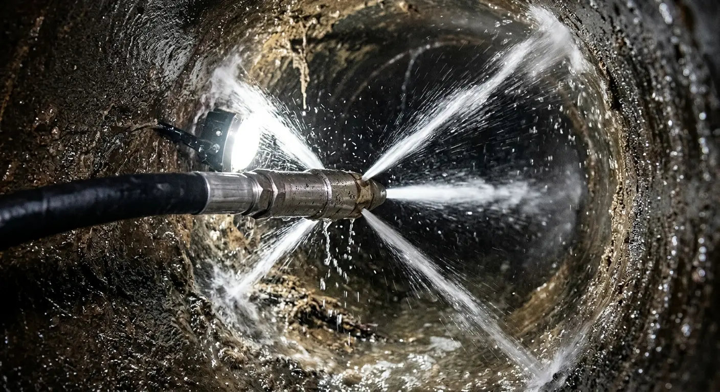 High-pressure hydro jetting nozzle cleaning sewer pipe for Emergency Drain Service in Amity