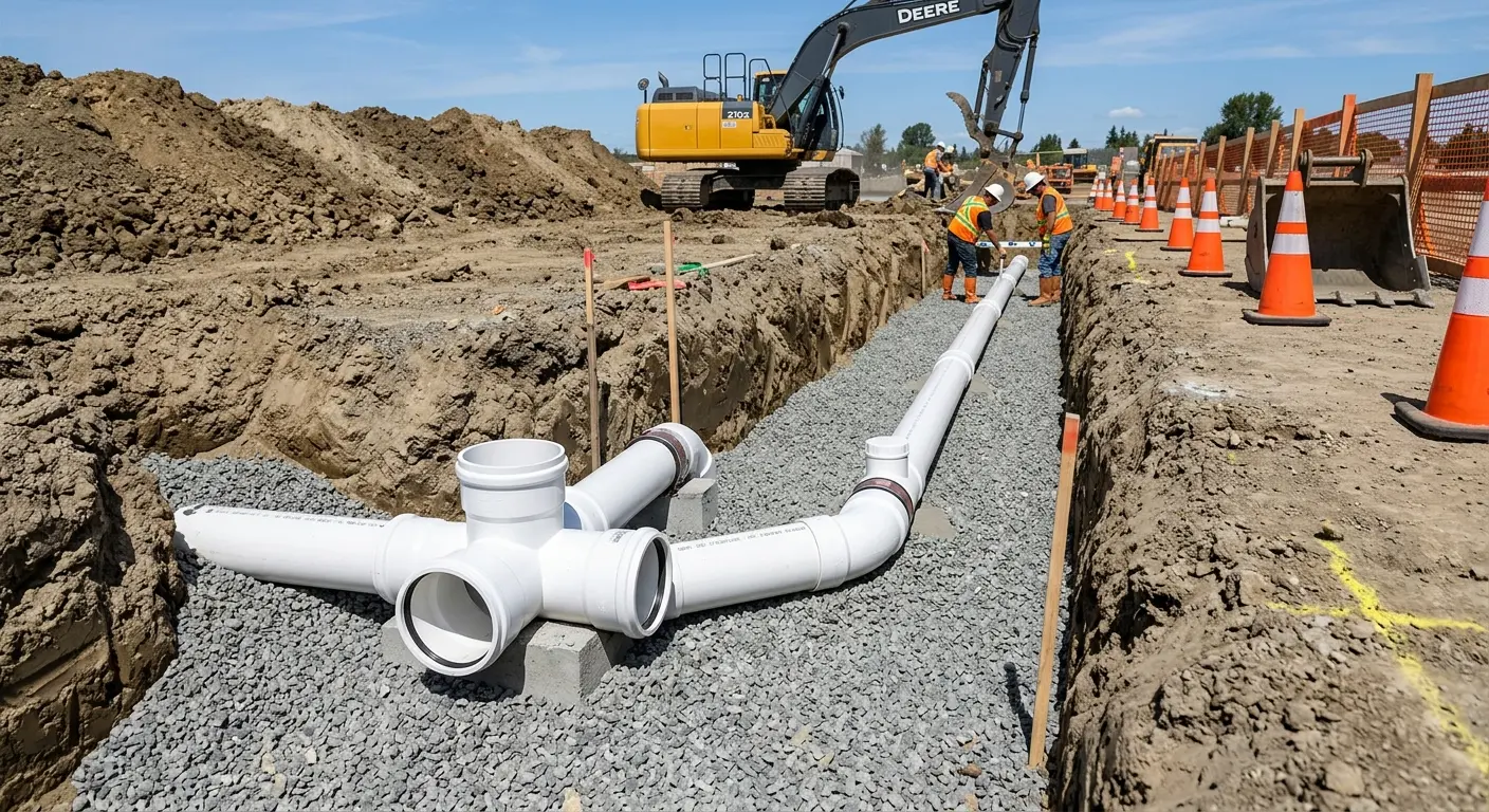 New PVC sewer pipe installation in open trench for Sewer Backup in Amity