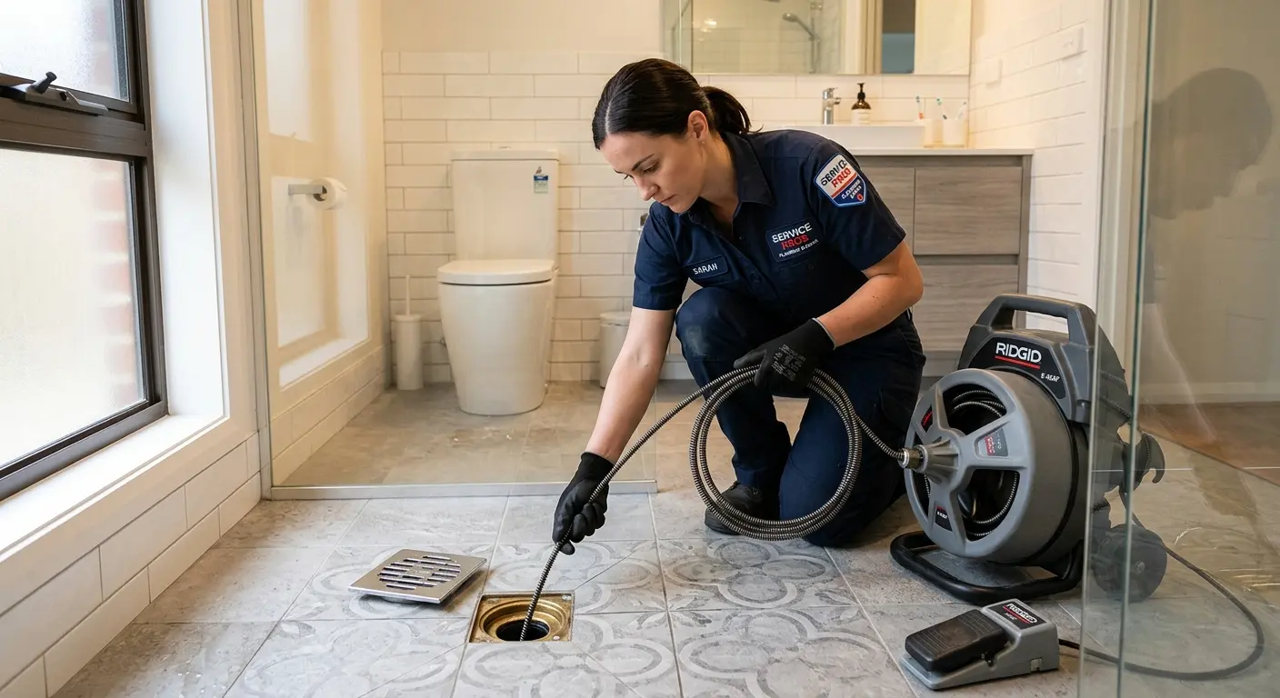 Technician clearing a bathroom floor drain for Clogged Drain Repair in Amity